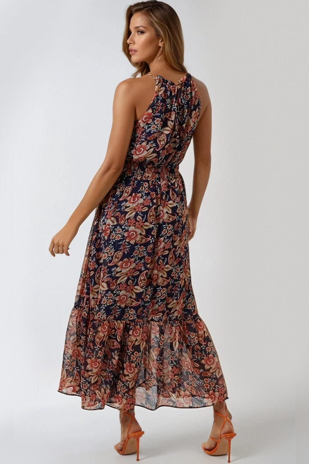 Navy Floral Print Halterneck Dress-2