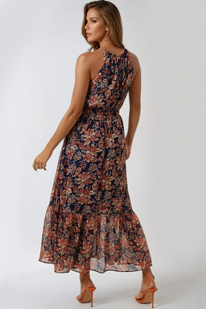 Navy Floral Print Halterneck Dress-2