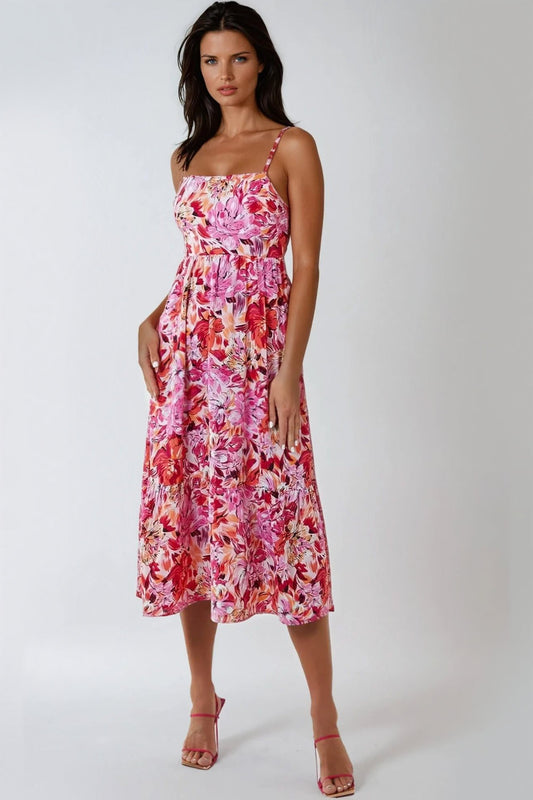 Pink Floral Cami Midi Dress With Cut Out Back-0