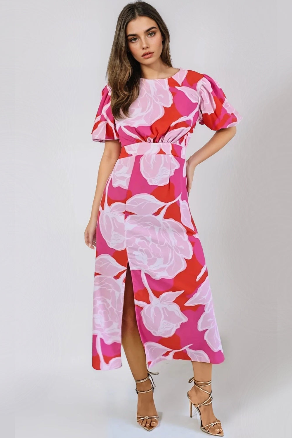 Pink Floral Short Puff Sleeve Midi Dress-0