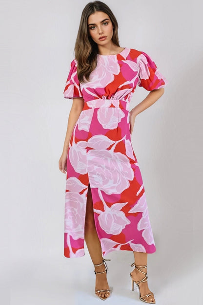 Pink Floral Short Puff Sleeve Midi Dress-0