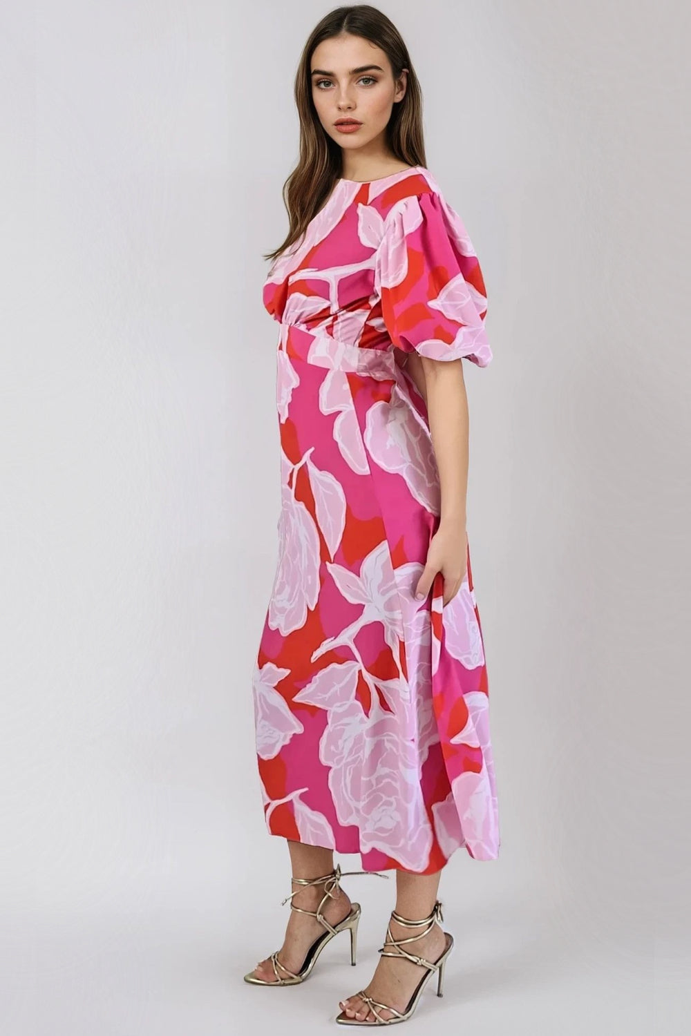 Pink Floral Short Puff Sleeve Midi Dress-1