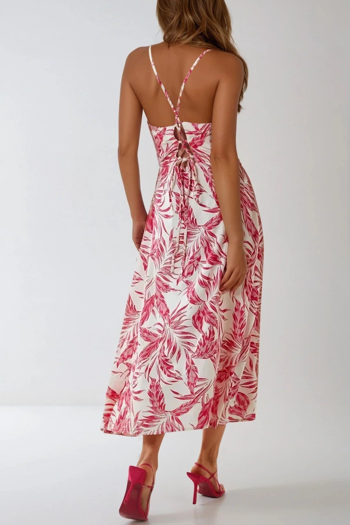 Pink Leaf Print Lace Up Back Midi Dress-2
