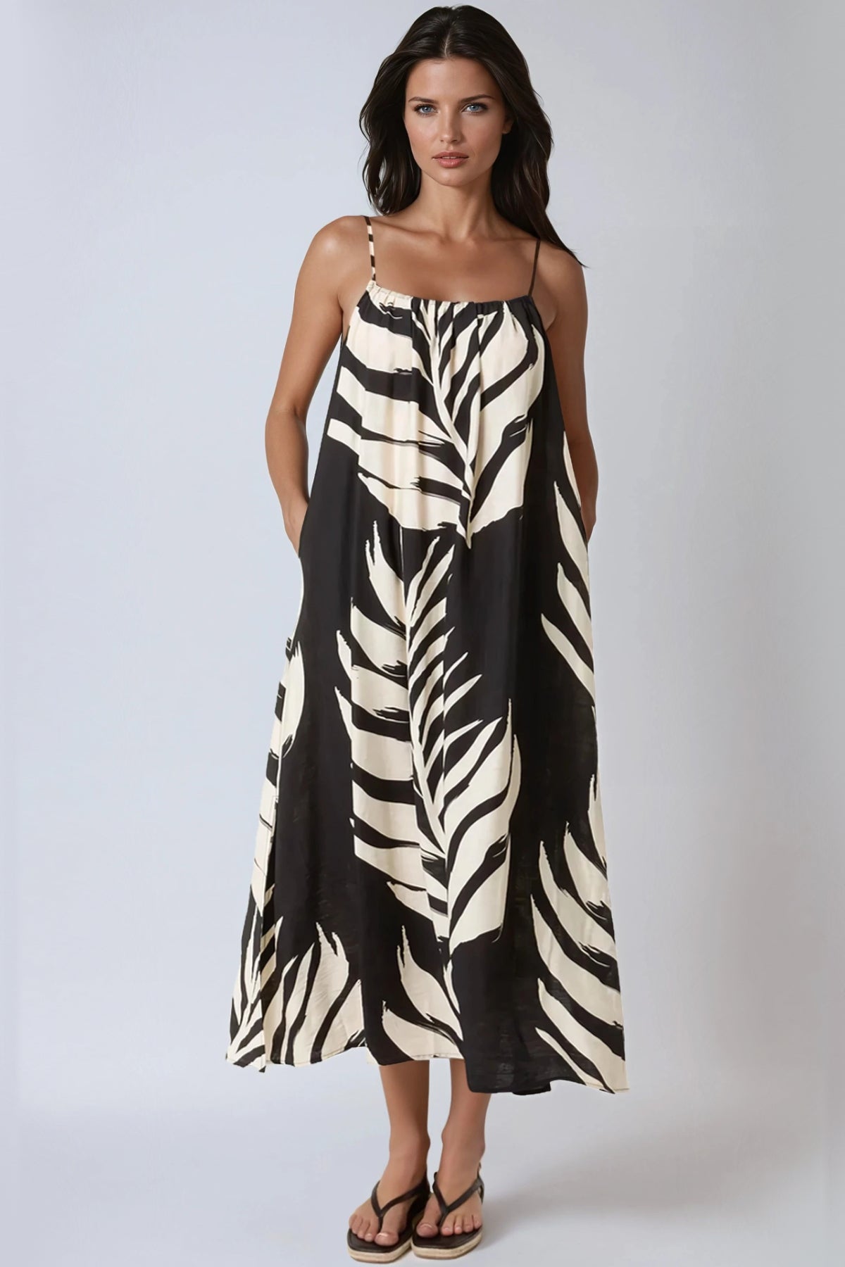 Black Leaf Print Strappy Dress-0