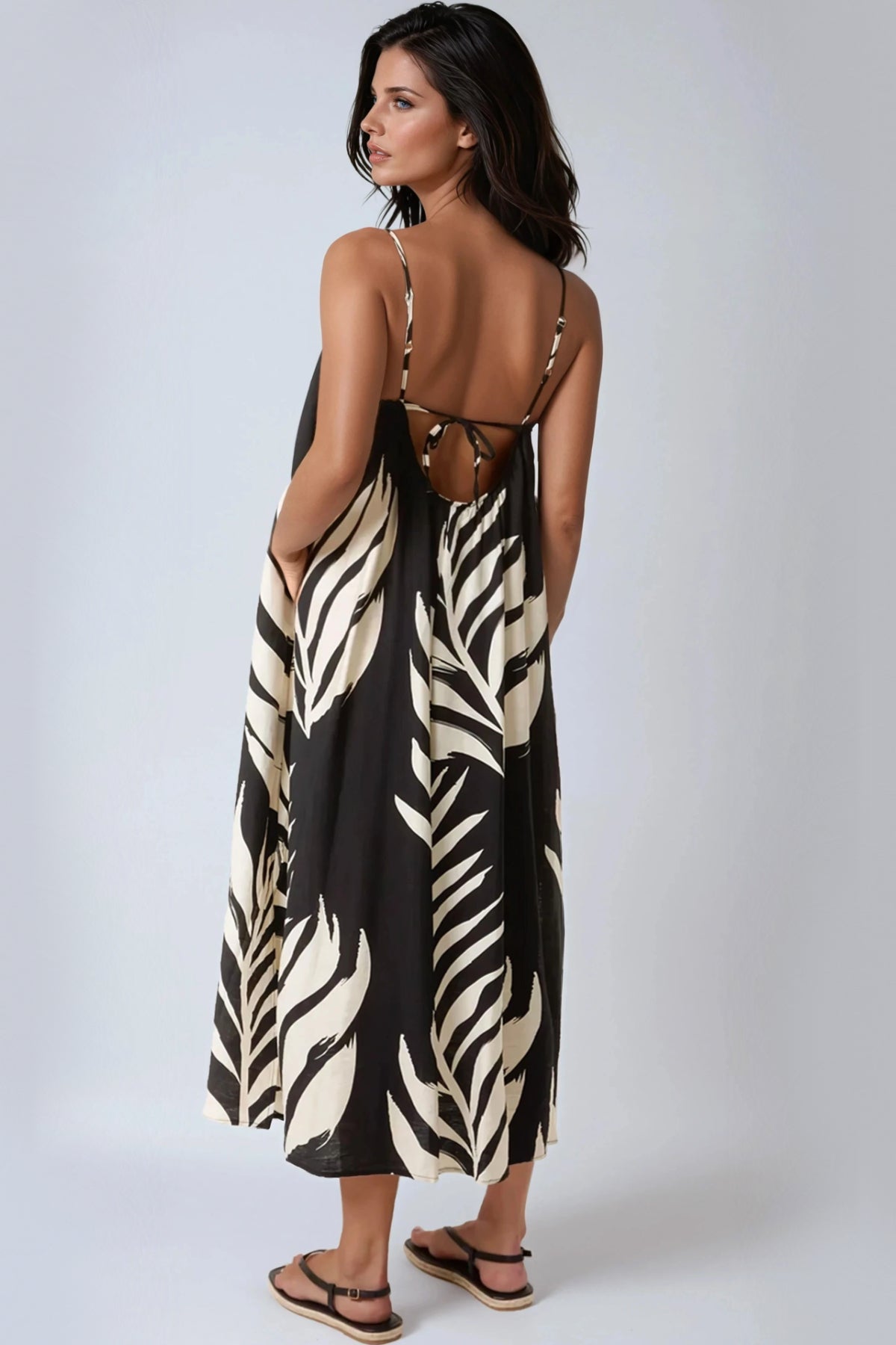 Black Leaf Print Strappy Dress-2