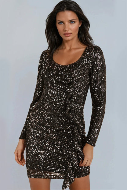Black Gold Sequin Long Sleeve Bodycon Dress with Frill Detail-0