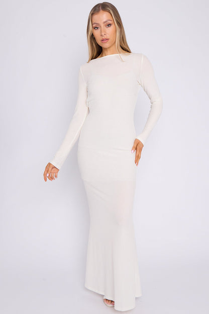 White Long Sleeve Stretch Maxi Dress-0