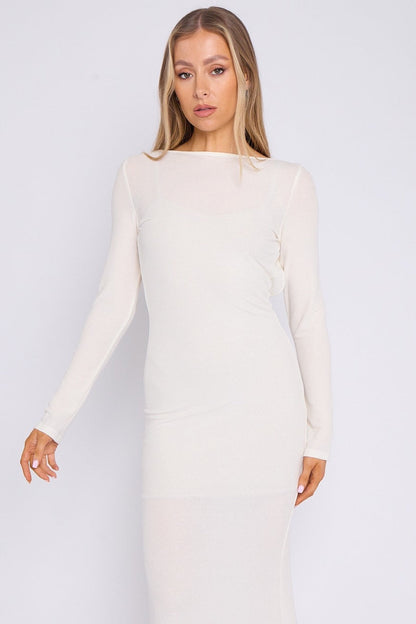 White Long Sleeve Stretch Maxi Dress-2