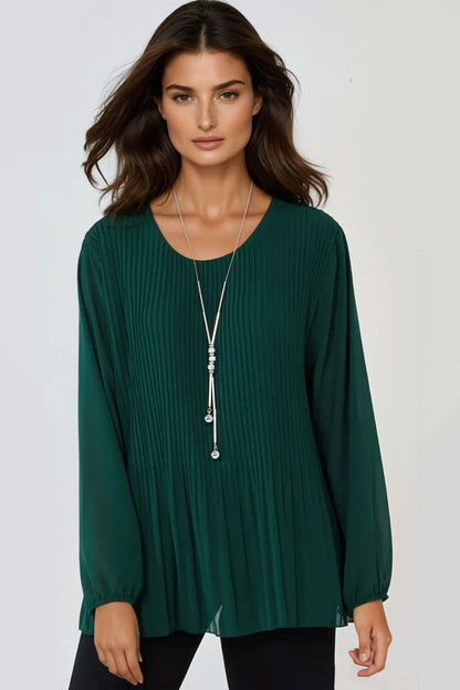 Green Pleated Long Sleeve Blouse With Necklace-0