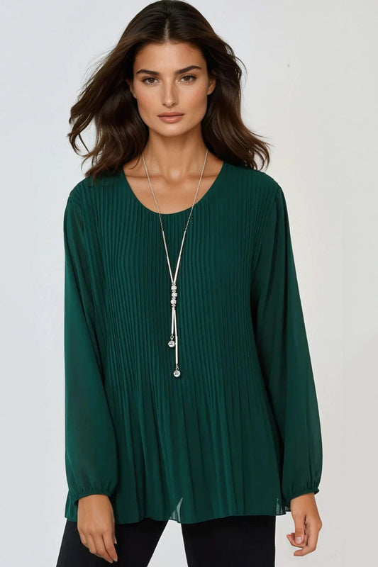 Green Pleated Long Sleeve Blouse With Necklace-0