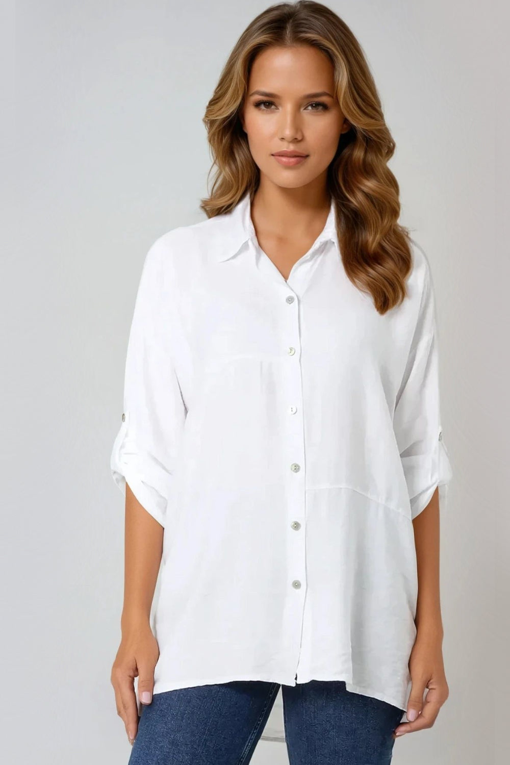White Relaxed Fit Roll Sleeve Shirt-0