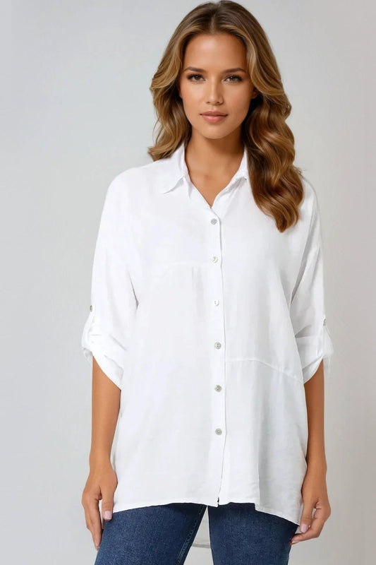 White Relaxed Fit Roll Sleeve Shirt-0