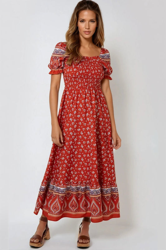 Orange Floral Puff Sleeve Shirred Maxi Dress-0
