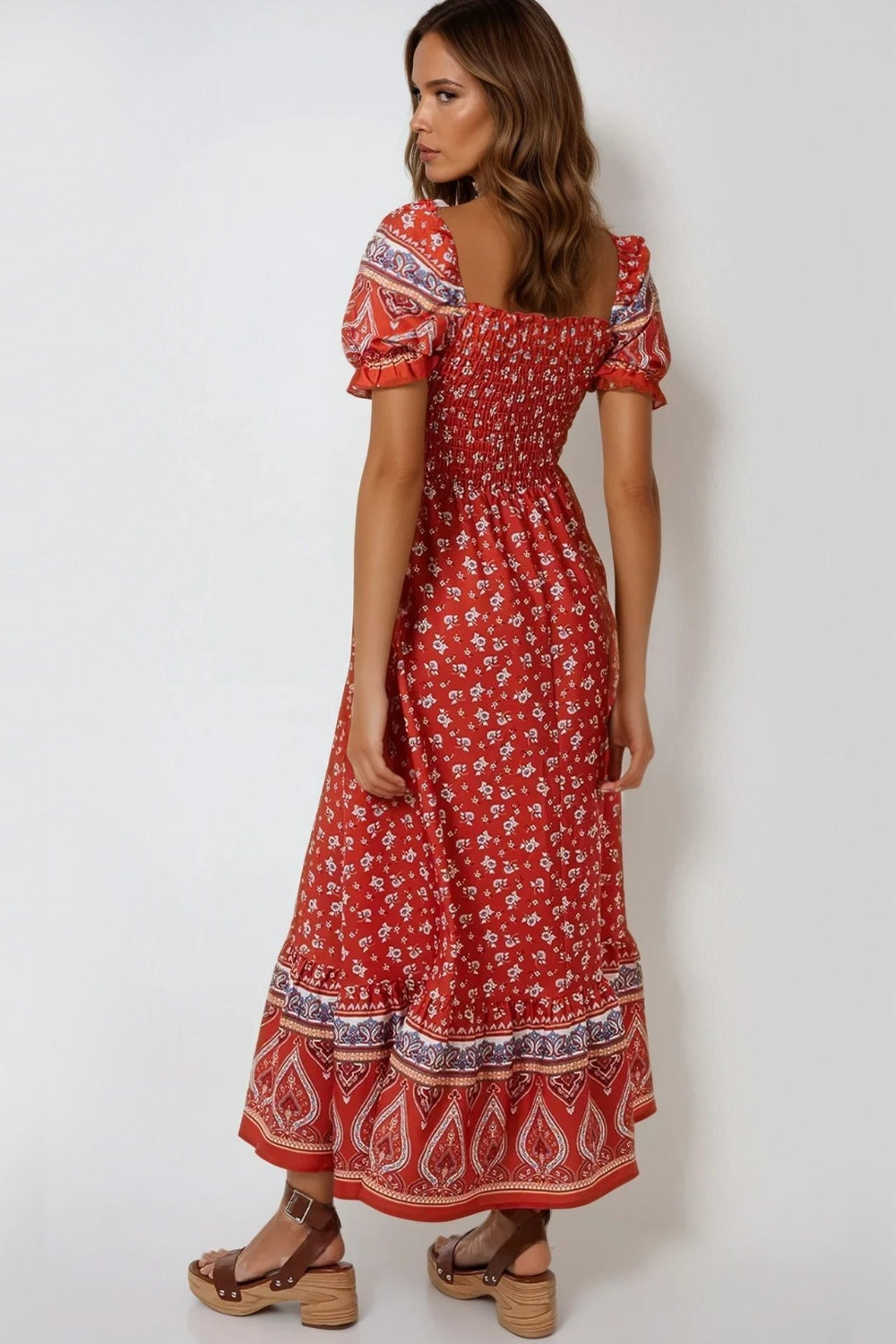 Orange Floral Puff Sleeve Shirred Maxi Dress-2