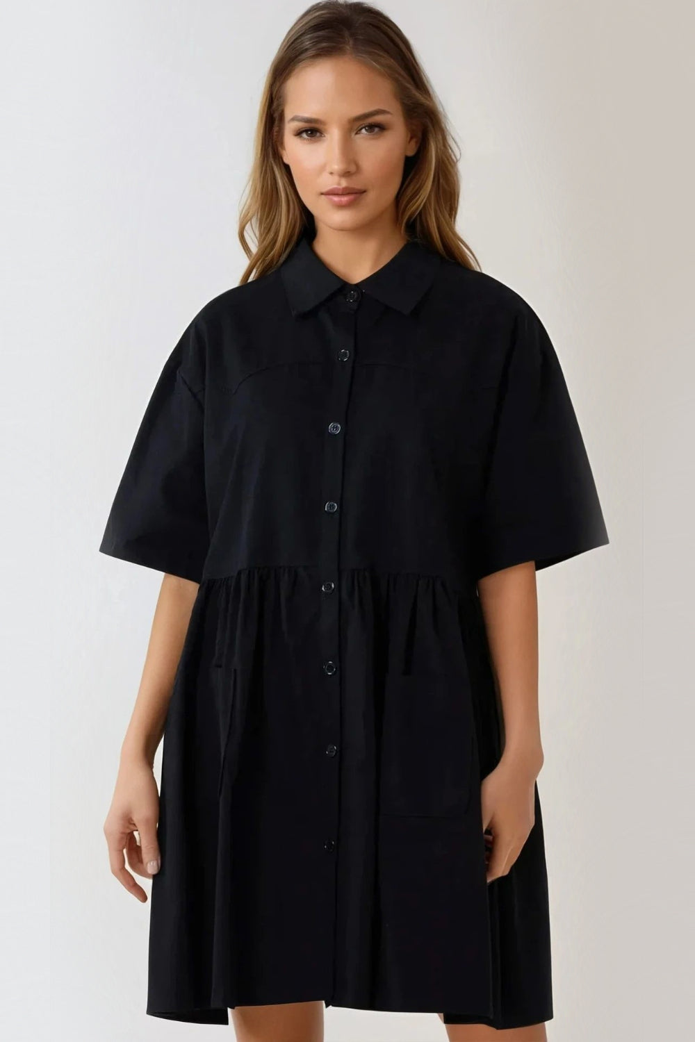 Black Smock Shirt Dress-0