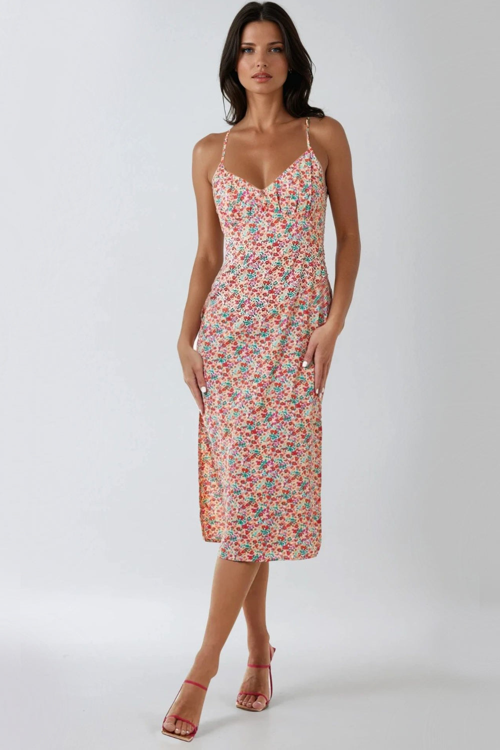 Pink Floral Strappy Midi Dress With Ties-0