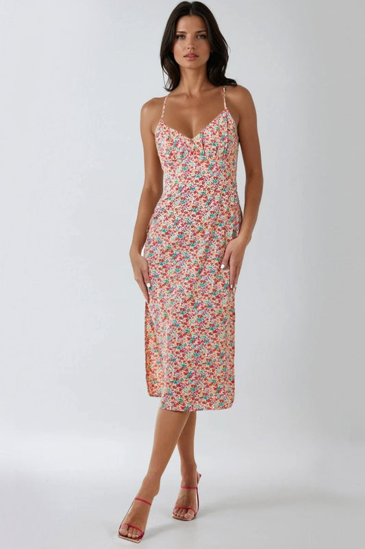 Pink Floral Strappy Midi Dress With Ties-0
