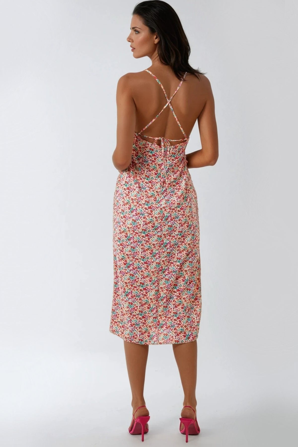 Pink Floral Strappy Midi Dress With Ties-2