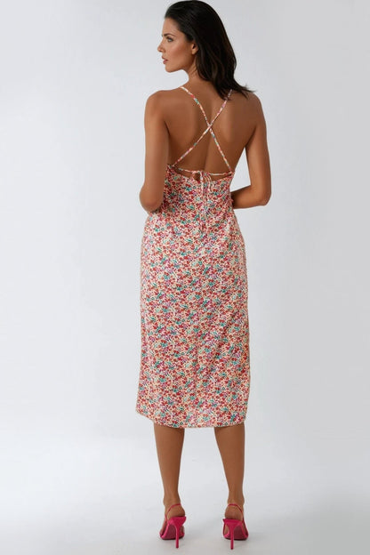 Pink Floral Strappy Midi Dress With Ties-2