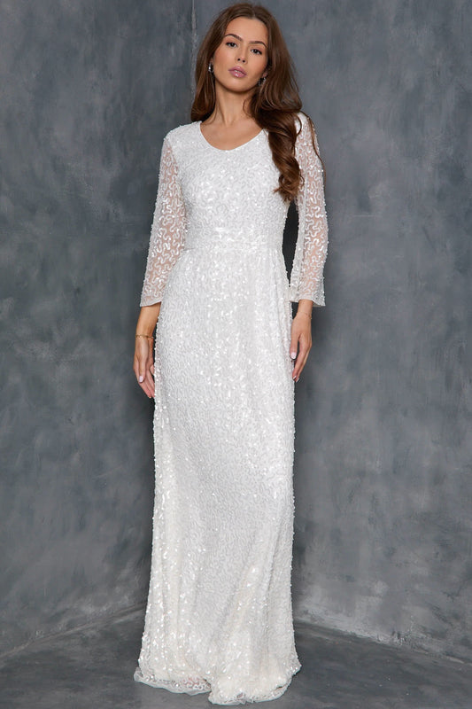 White Sequin Angel Sleeve Open Back Maxi Dress-0