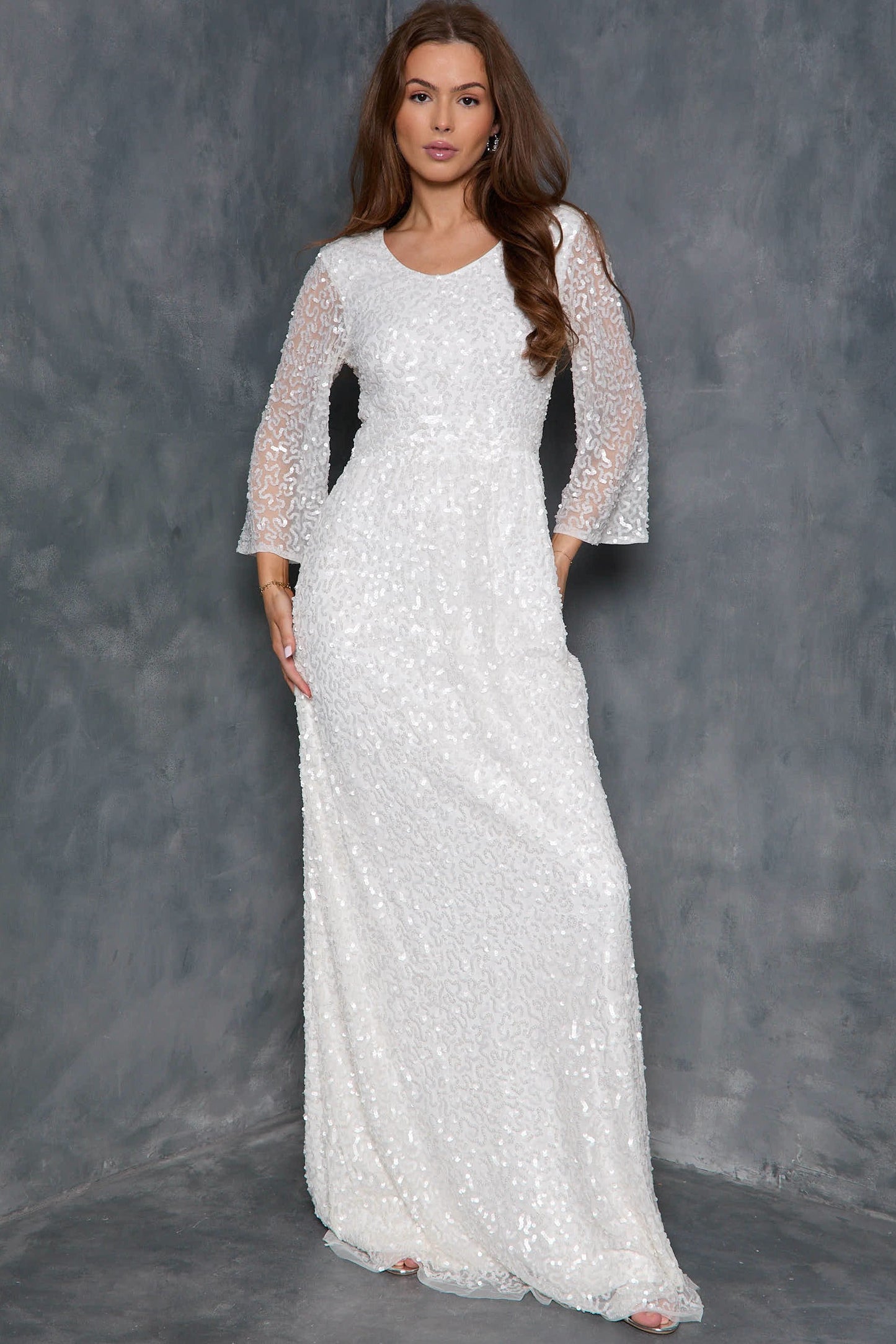 White Sequin Angel Sleeve Open Back Maxi Dress-1