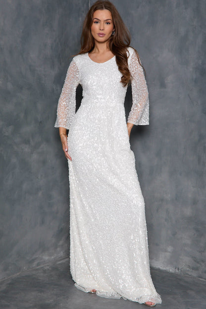 White Sequin Angel Sleeve Open Back Maxi Dress-1