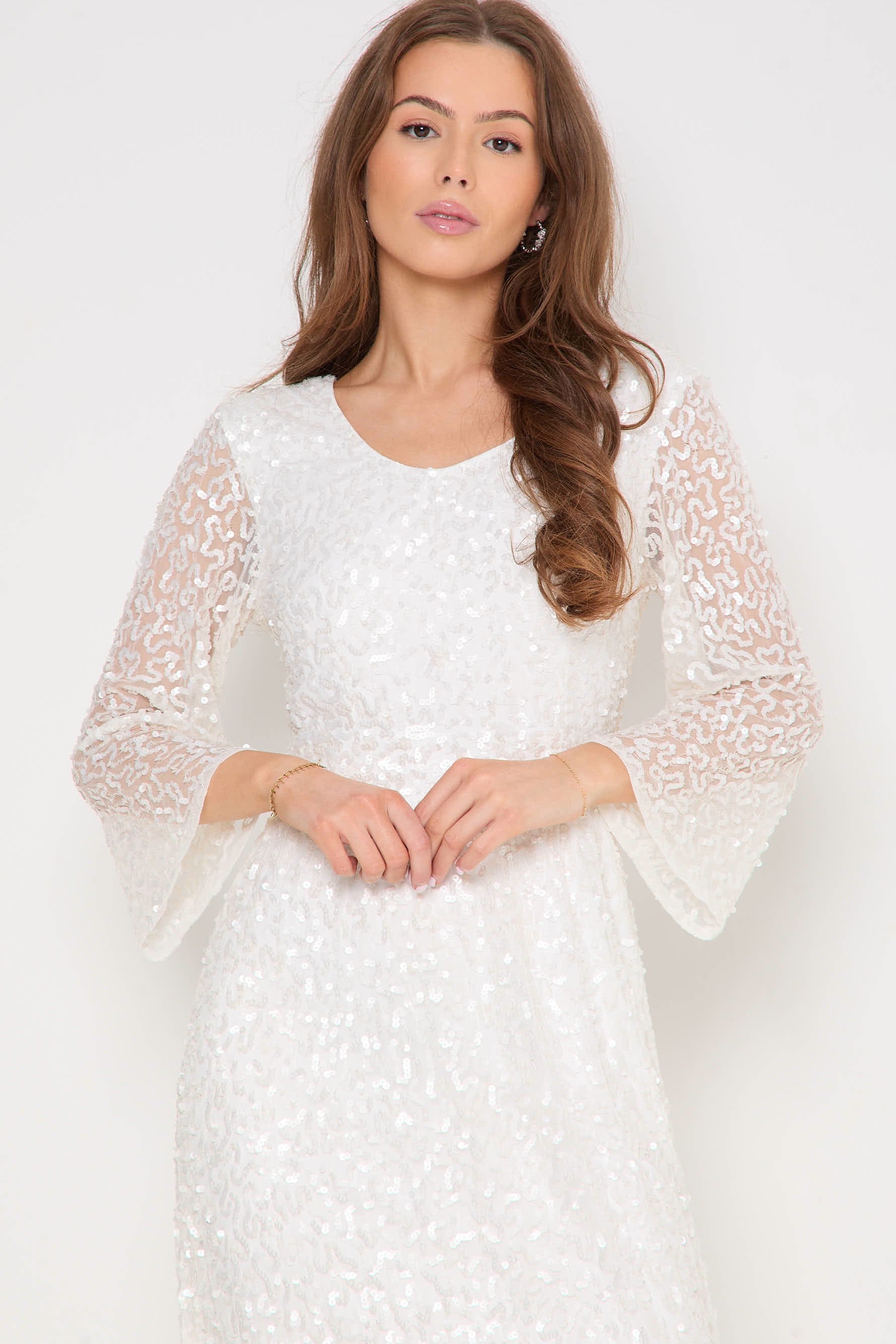 White Sequin Angel Sleeve Open Back Maxi Dress-4