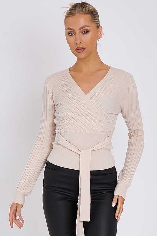 Beige Rib Knit Wrap Jumper with Tie Belt-0