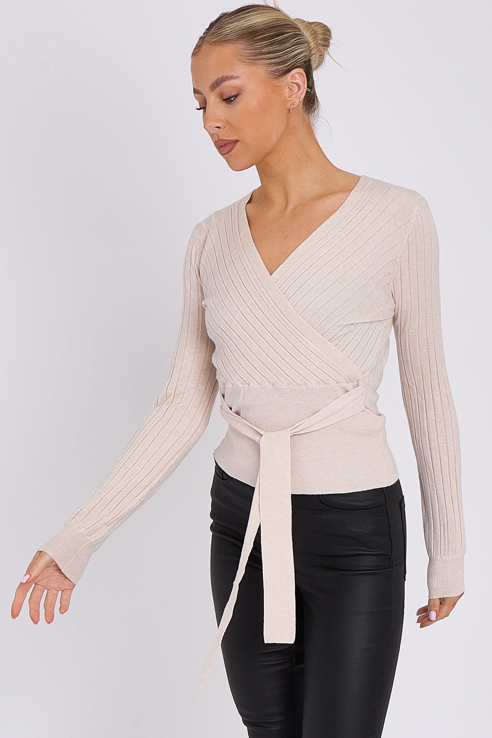 Beige Rib Knit Wrap Jumper with Tie Belt-3