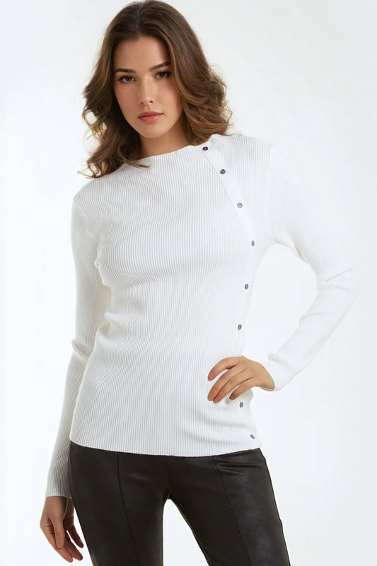 Cream Button Detail Slash Neck Ribbed Jumper-0