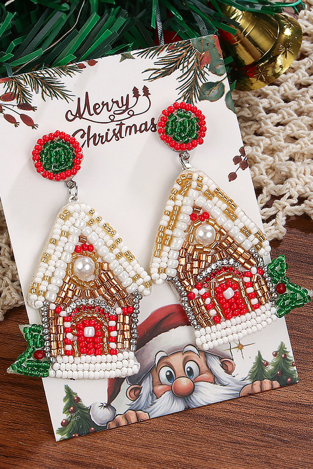 White Christmas Style House Beaded Stud Dangle Earrings-1