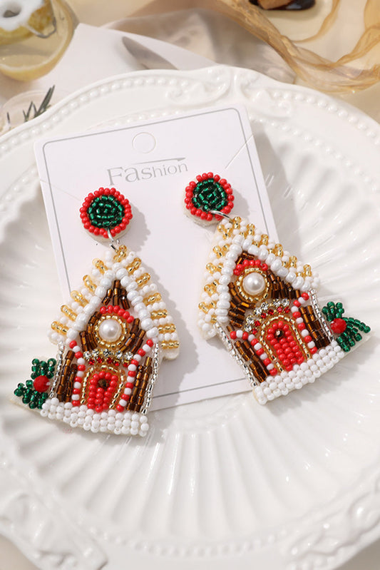 White Christmas Style House Beaded Stud Dangle Earrings-0