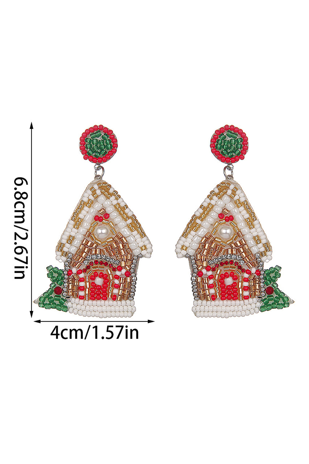 White Christmas Style House Beaded Stud Dangle Earrings-2
