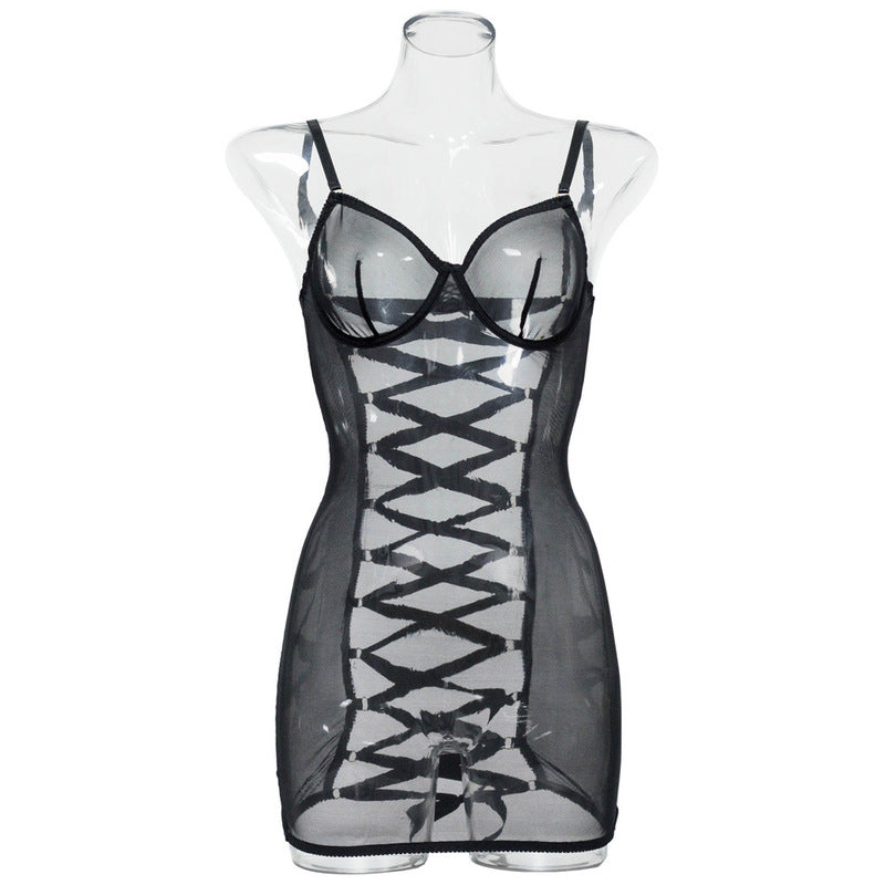 Black See-Through Mesh Chemise with Open Back Front View