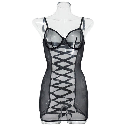 Black See-Through Mesh Chemise with Open Back Front View