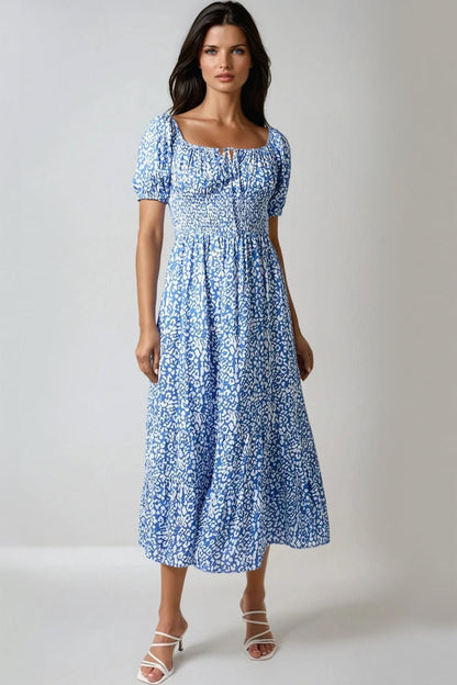 Blue Animal Print Shirred Midi Dress-0