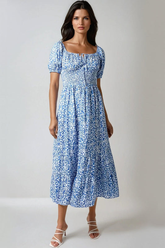 Blue Animal Print Shirred Midi Dress-0