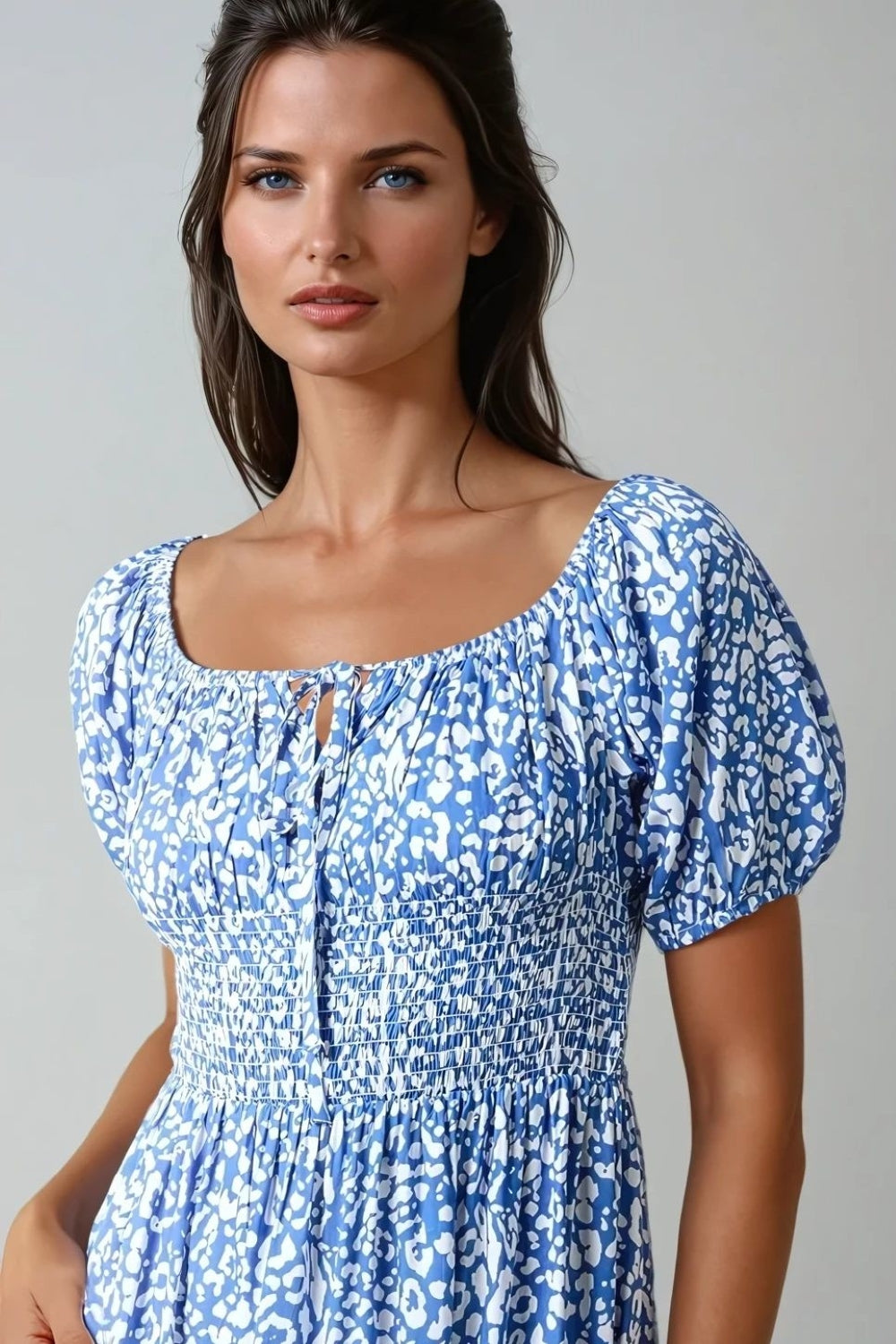 Blue Animal Print Shirred Midi Dress-1