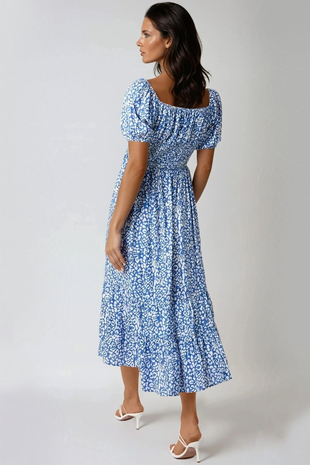 Blue Animal Print Shirred Midi Dress-2