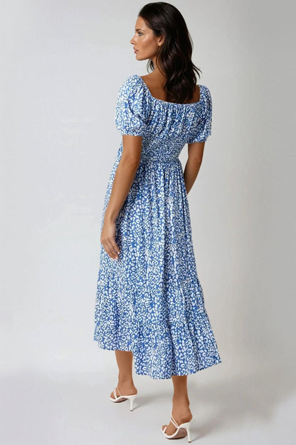 Blue Animal Print Shirred Midi Dress-2