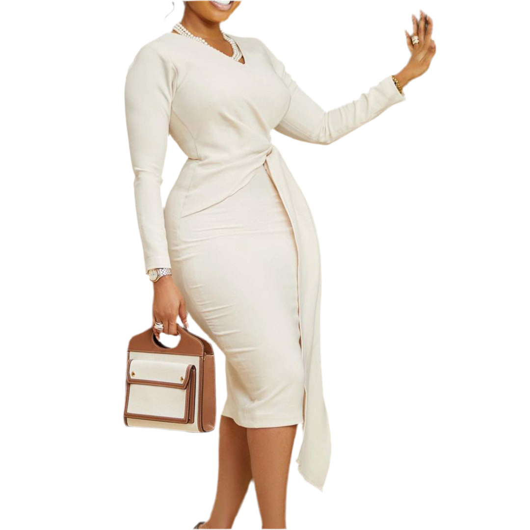 Women's Fashion Plus Size V-neck Long-sleeve Dress
