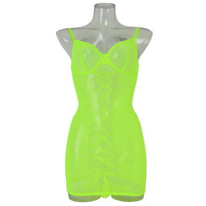 Green See-Through Mesh Chemise with Open Back Front View