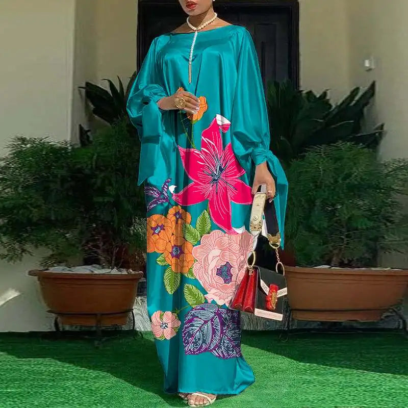 VONDA Elegant Floral Kaftan Maxi Dress – Loose Fit Satin Robe for Women