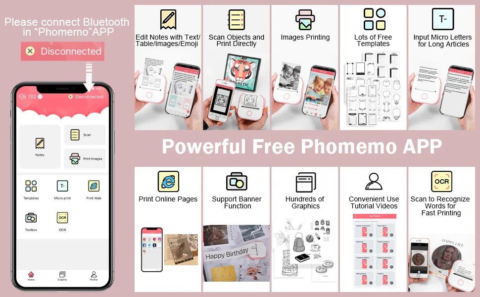 Phomemo T02 Wireless Pocket Thermal Printer Portable Mini Wirelessly BT Connect 203dpi Photo Label Memo List Printing Clearly