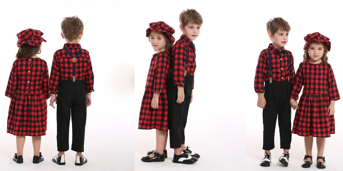 top and top Autumn Winter Christmas Brother and Sister Matching Sets Boys Gentleman Suit+ Girls Dresses Children Clothing Sets