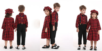 top and top Autumn Winter Christmas Brother and Sister Matching Sets Boys Gentleman Suit+ Girls Dresses Children Clothing Sets