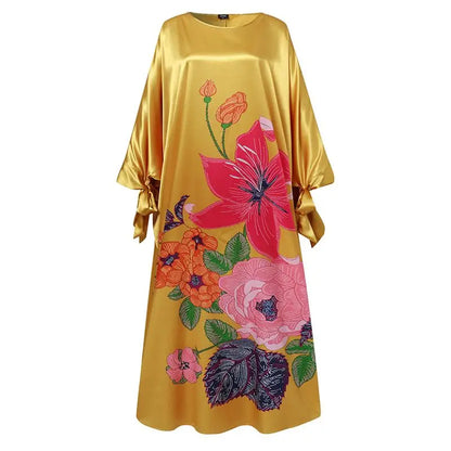 VONDA Elegant Floral Kaftan Maxi Dress – Loose Fit Satin Robe for Women