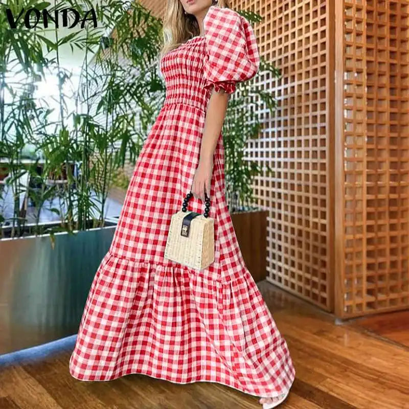 VONDA 2024 Summer Women Maxi Dress Casual Short Sleeve Square Collar Vintage Plaid Party Bohemian Vestidos Loose Long Sundress