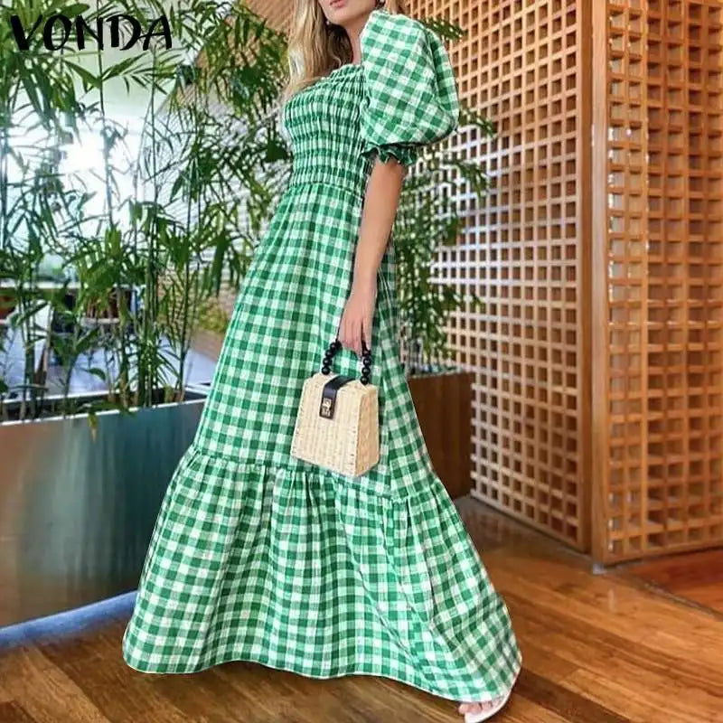 VONDA 2024 Summer Women Maxi Dress Casual Short Sleeve Square Collar Vintage Plaid Party Bohemian Vestidos Loose Long Sundress