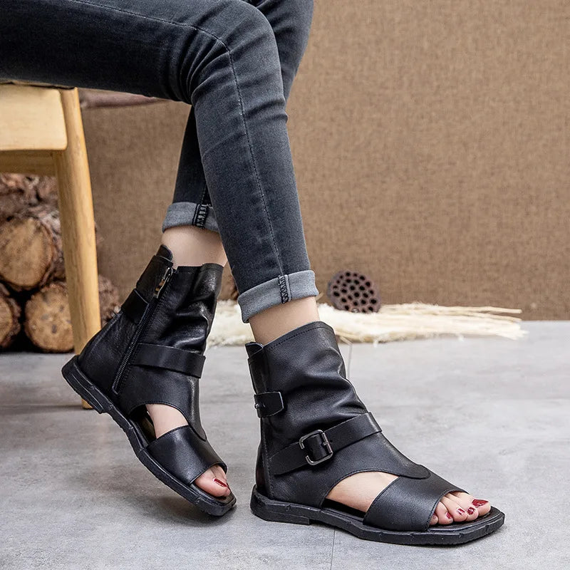 Spring 2021 new leather vintage handmade open-toe side zipper flat flat boots and sandals for women